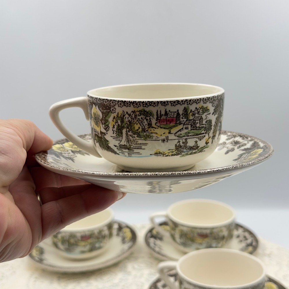 Royal China Fair Oaks Cup Saucer Set Multi Color Village Scene Vintage 8pc